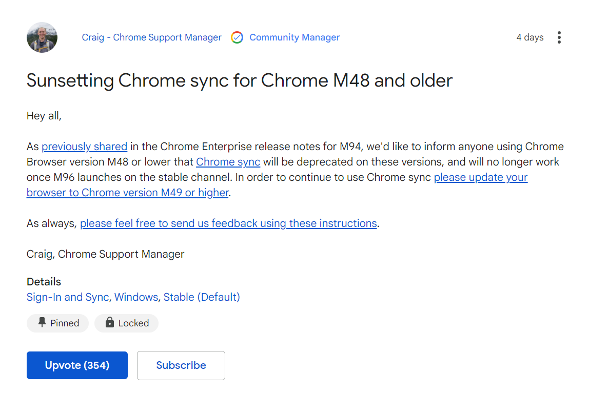 谷歌将结束对 Chrome 48及更早版本的 Sync 支持