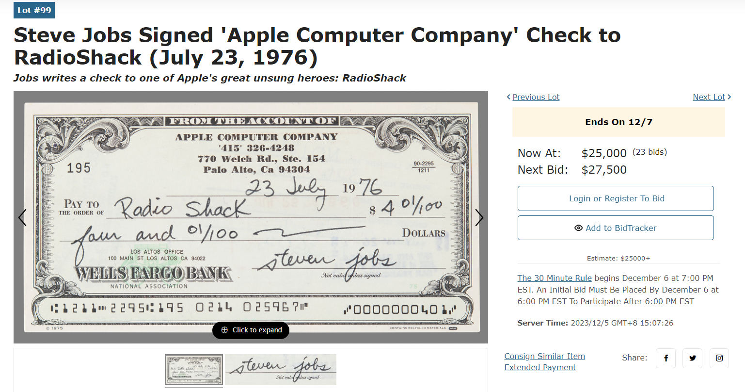 乔布斯签名苹果公司原始支票正在拍卖中