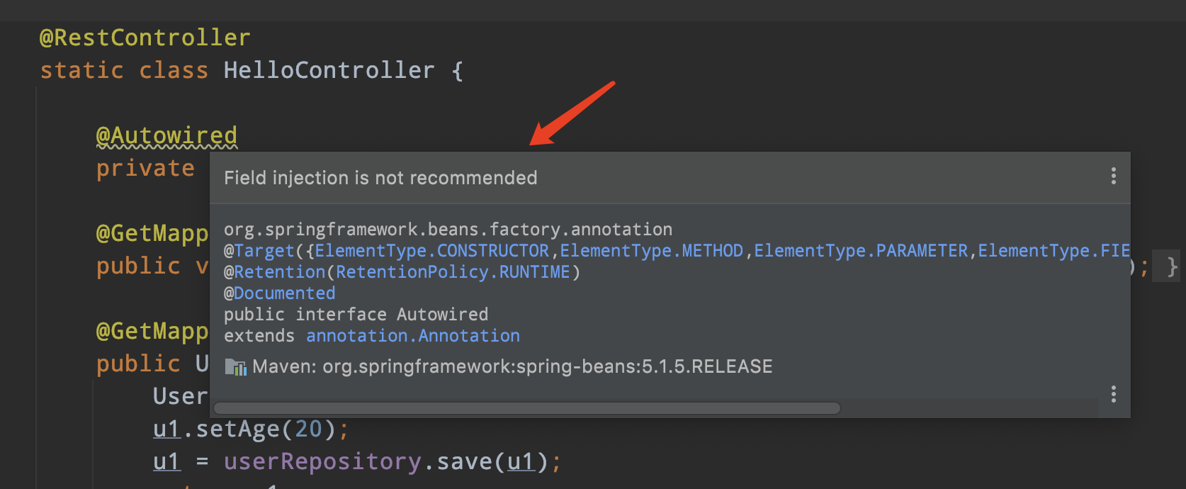 IDEA警告：Field injection is not recommended