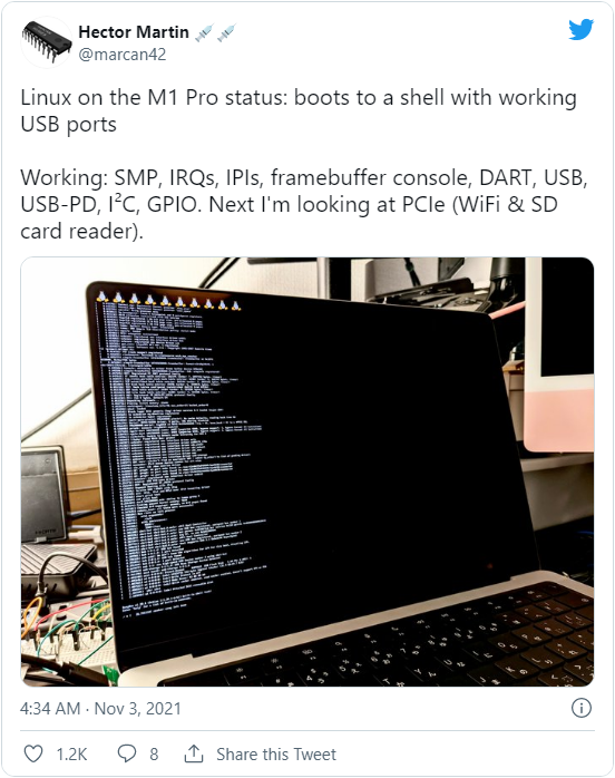 搭载 M1 Pro 的 MacBook Pro 已顺利启动 Linux