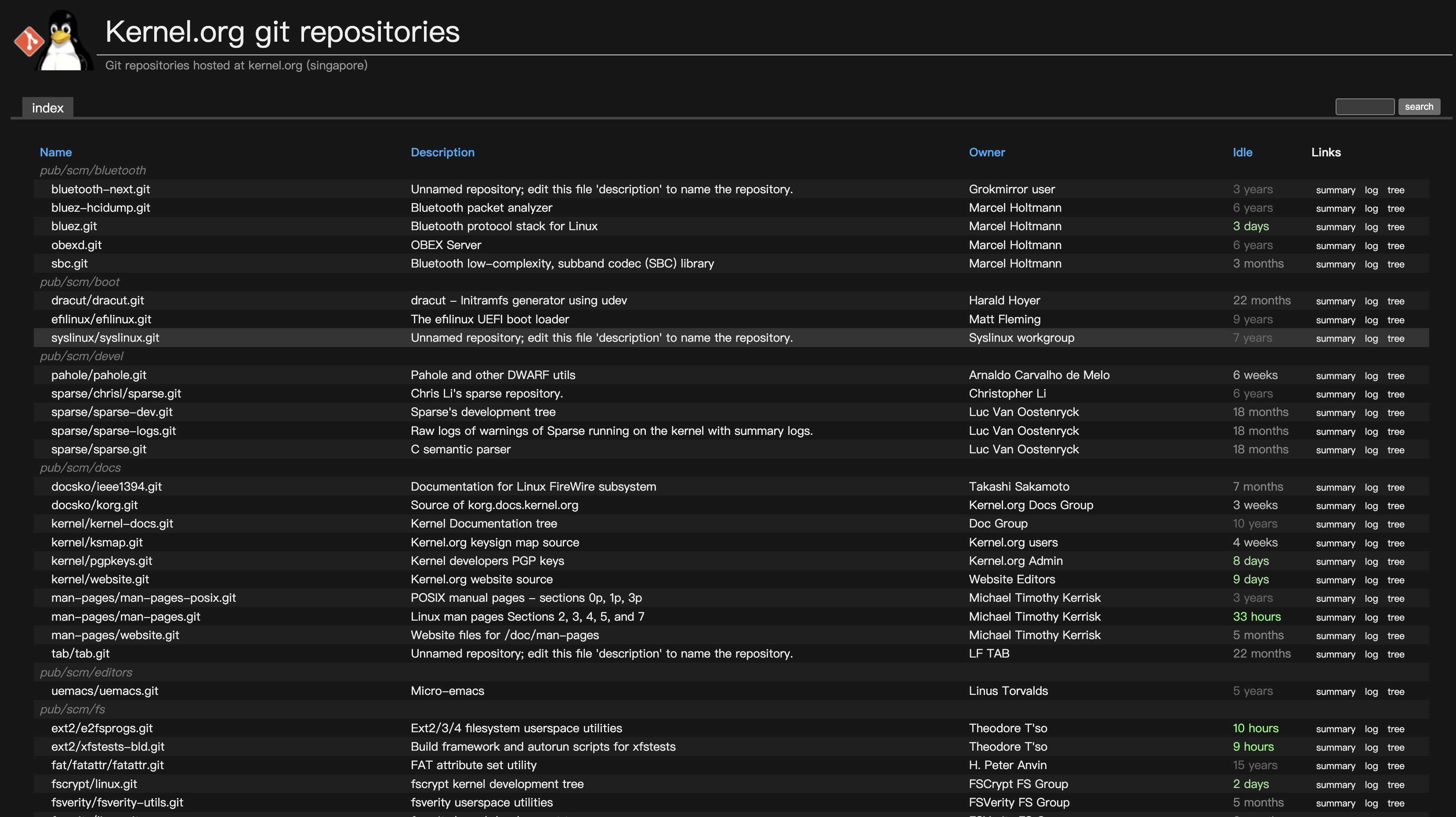 Linux 内核源代码官网 git.kernel.org 原生支持深色模式