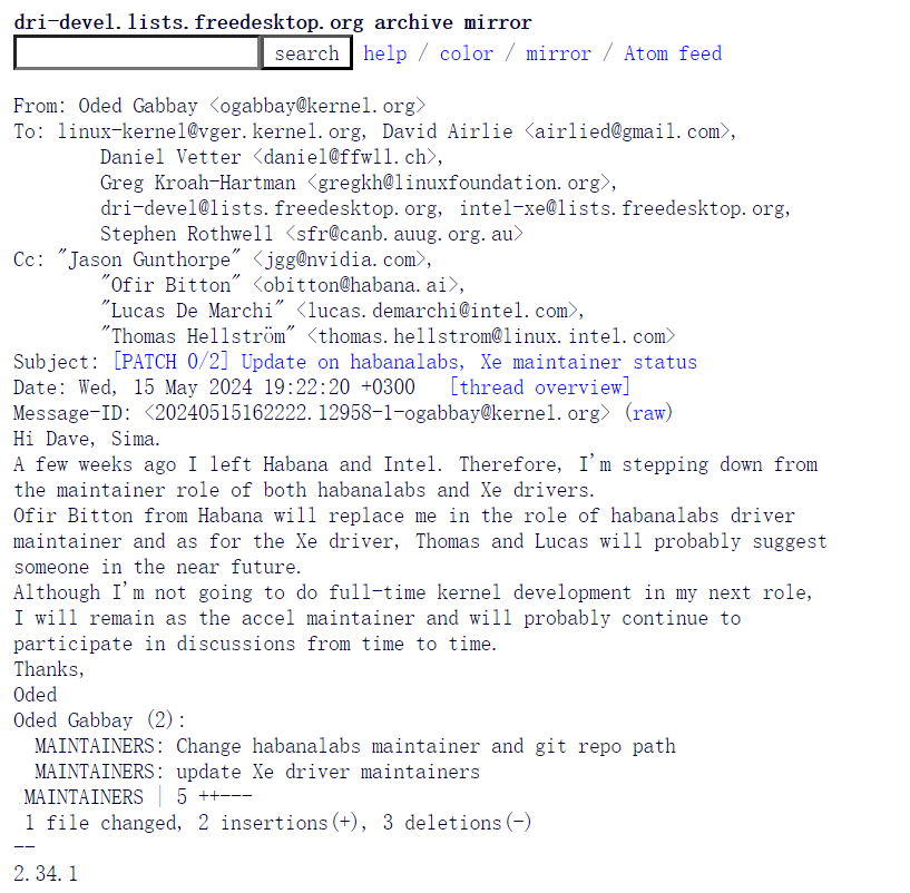 英特尔 Habana Labs 和 Xe Linux 驱动维护者离职