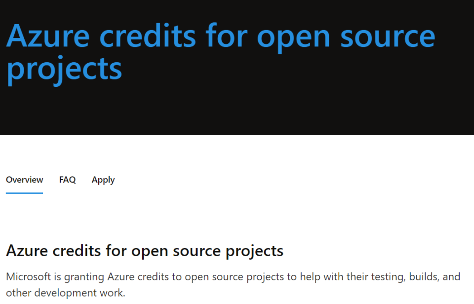 微软向开源项目提供 Azure 积分，有效期一年