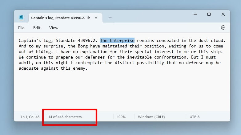 Windows 11 记事本的底部状态栏将显示“字符数统计”