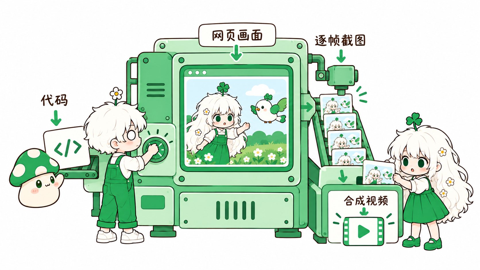 代码 → 网页画面 → 逐帧截图 → 合成视频