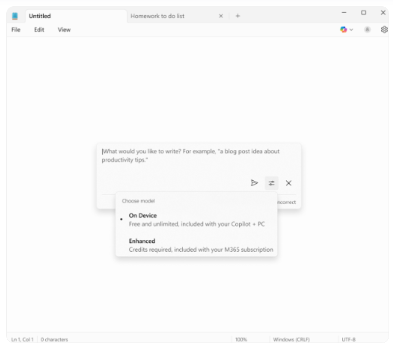 微软为记事本添加免费的 AI 功能