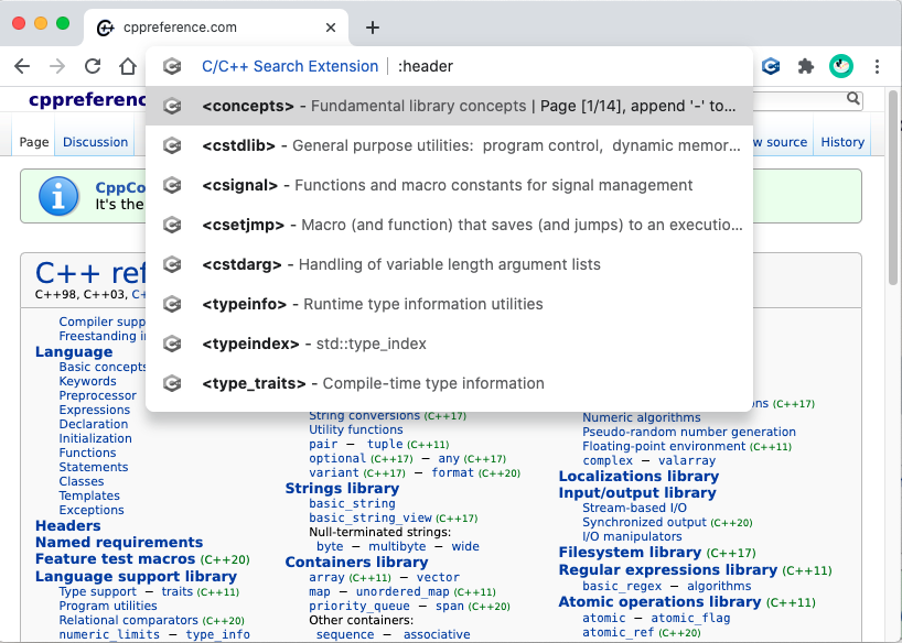 C/C++ search extension 0.1 发布！在地址栏快速搜索 C/C++ 文档的浏览器插件