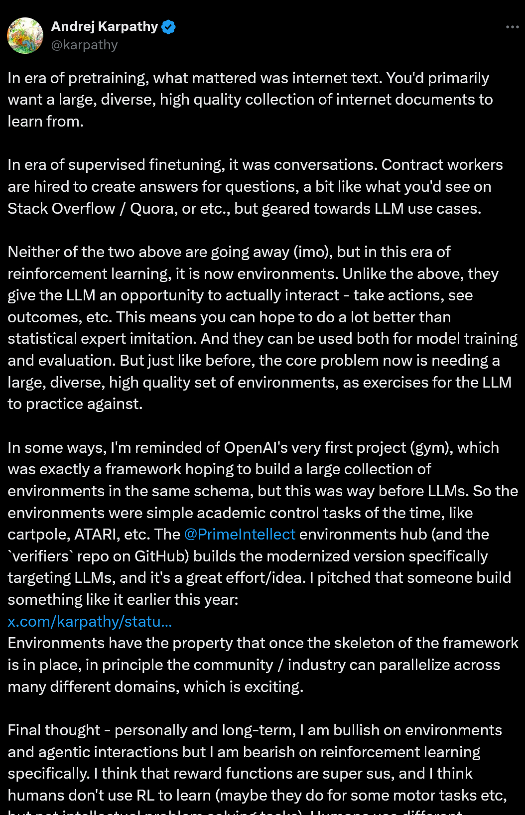 “Vibe Coding” 概念提出者 Andrej Karpathy 谈强化学习