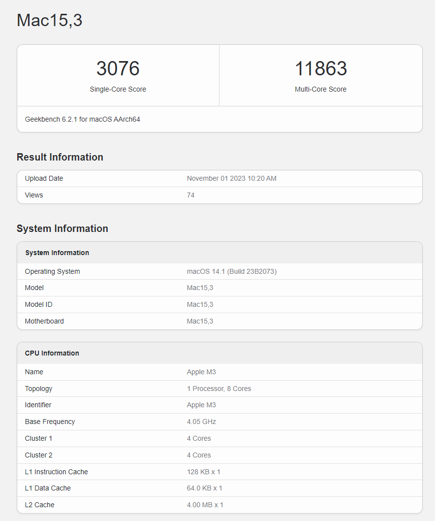 苹果 M3、M3 Max 芯片首个 Geekbench 跑分出炉