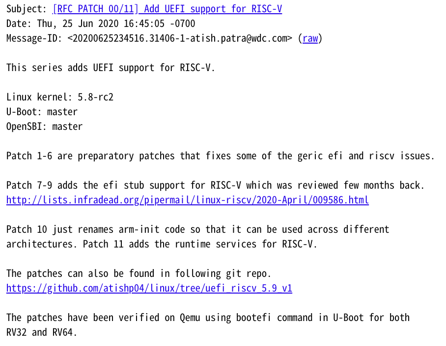 开发者为 Linux 添加了一系列 RISC-V UEFI 支持补丁