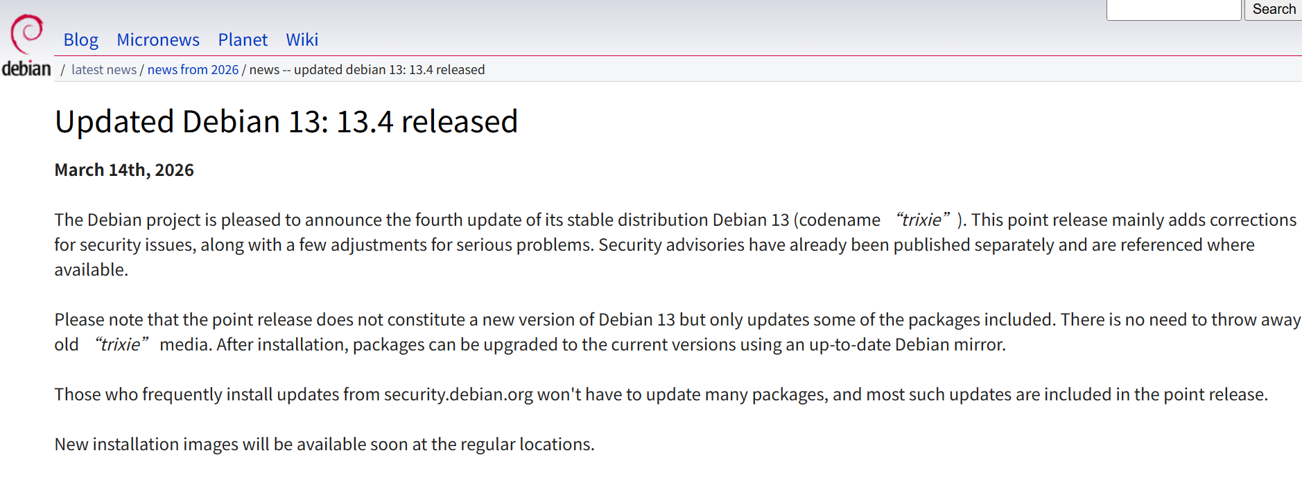 Debian 13.4 发布