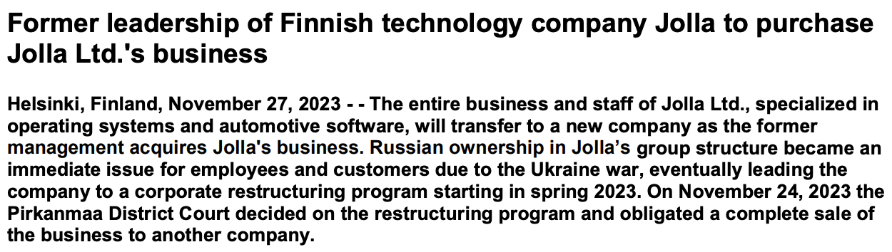 Sailfish OS 开发商 Jolla 已被其前管理层收购