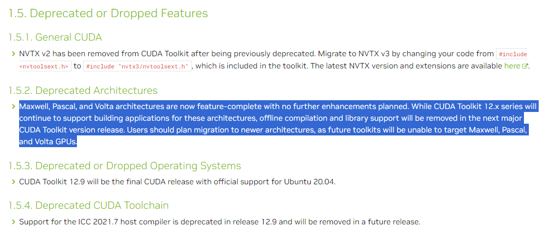 新版 CUDA 工具包不再支持 Maxwell、Pascal、Volta 三大架构