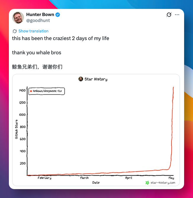 Hunter Bown 在 X 上致谢 DeepSeek,并附上 deepseek-tui 的 Star History 曲线