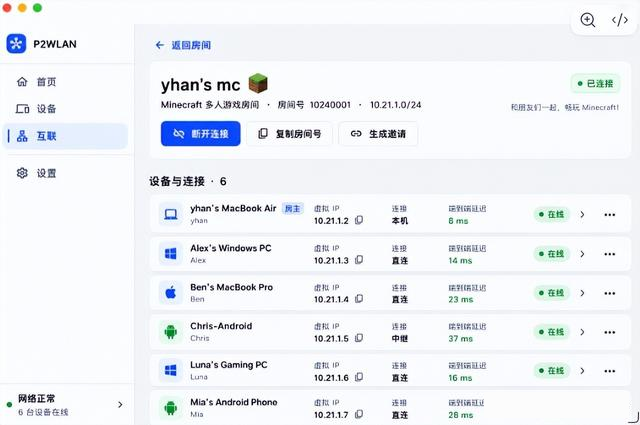 房间详情:成员设备的虚拟 IP、连接方式与端到端延迟