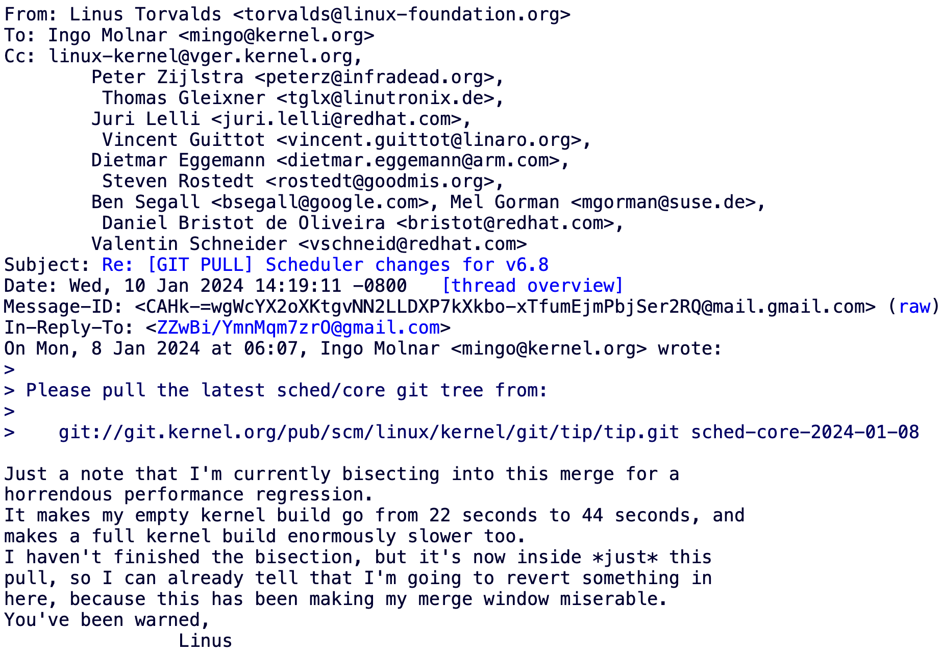Linus 在 Linux 6.8 内核发现性能倒退问题