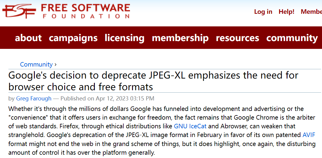 FSF 抨击谷歌弃用 JPEG-XL：强调了浏览器选择和自由格式的必要性