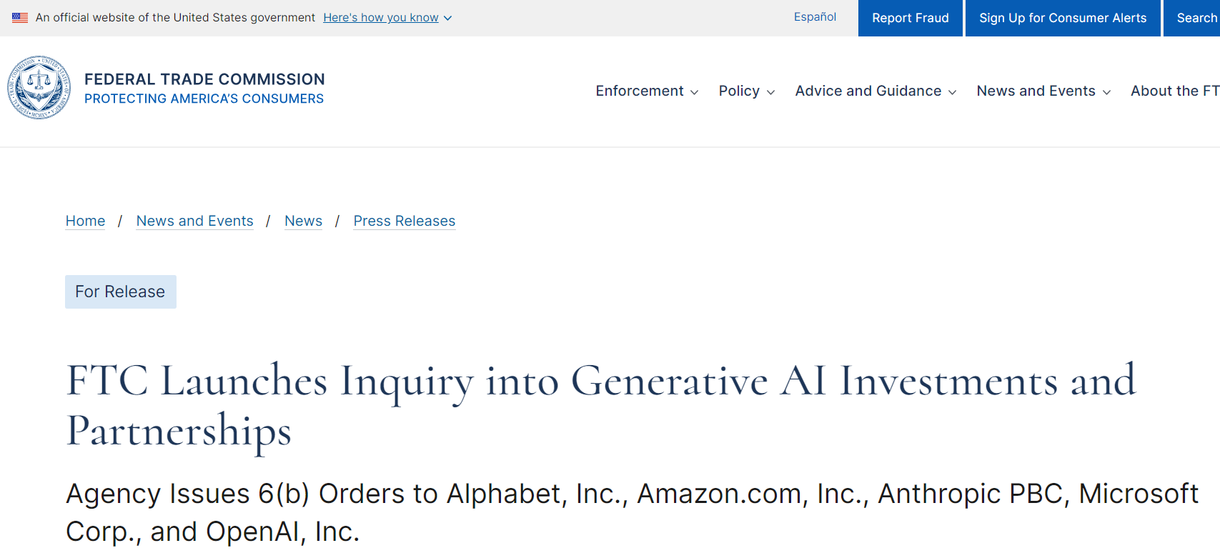 FTC 就微软、OpenAI 等的 AI 投资及合作展开调查