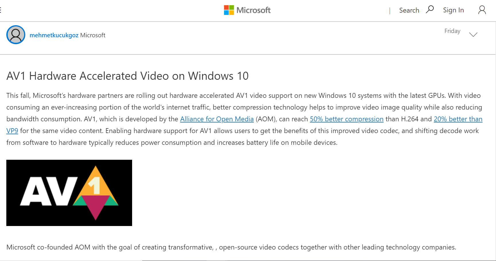 微软将在 Win 10 中提供 AV1 编解码器支持