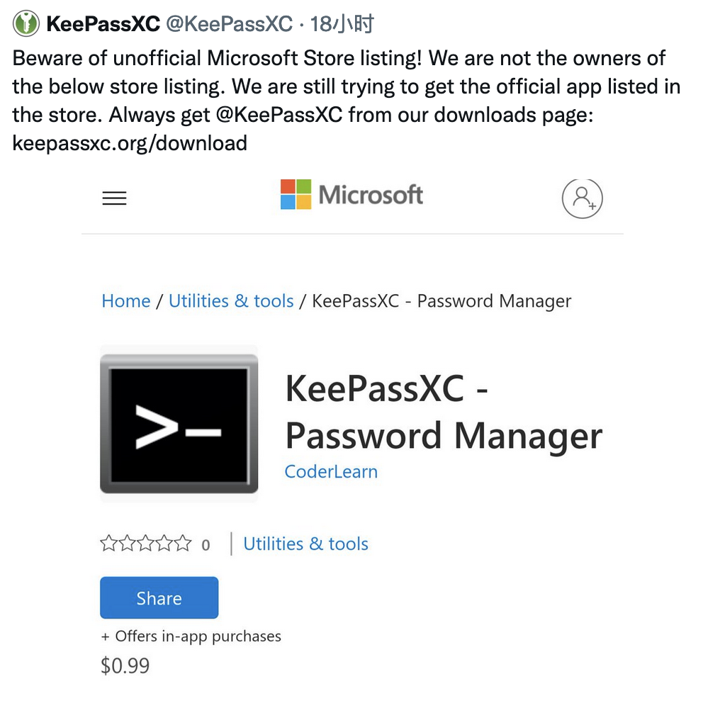 提高警惕，山寨 KeePassXC 应用上架微软商店
