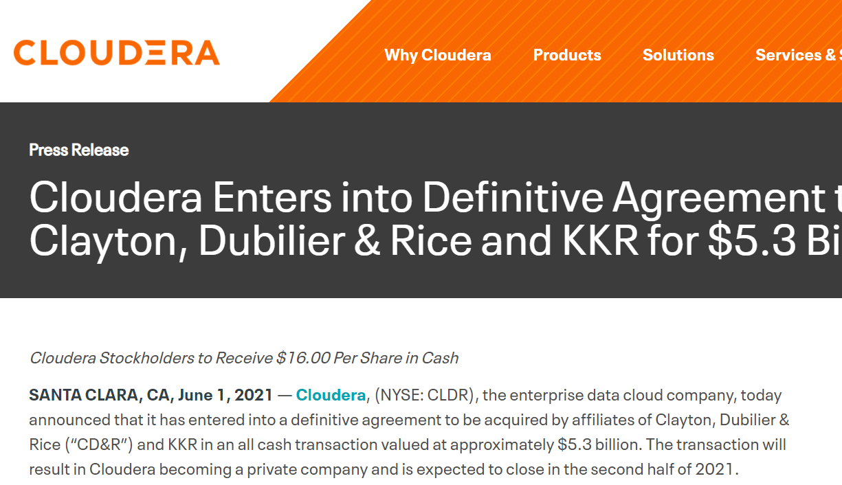Cloudera 将以 53 亿美元被收购并私有化