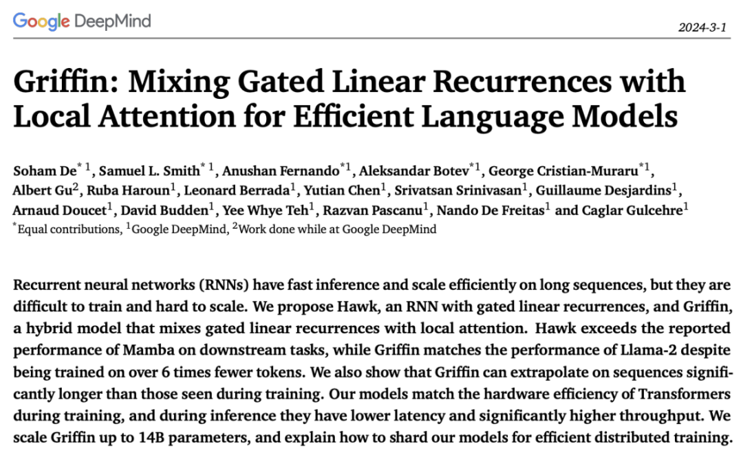 谷歌发布 RNN 新架构，同等规模强于Mamba