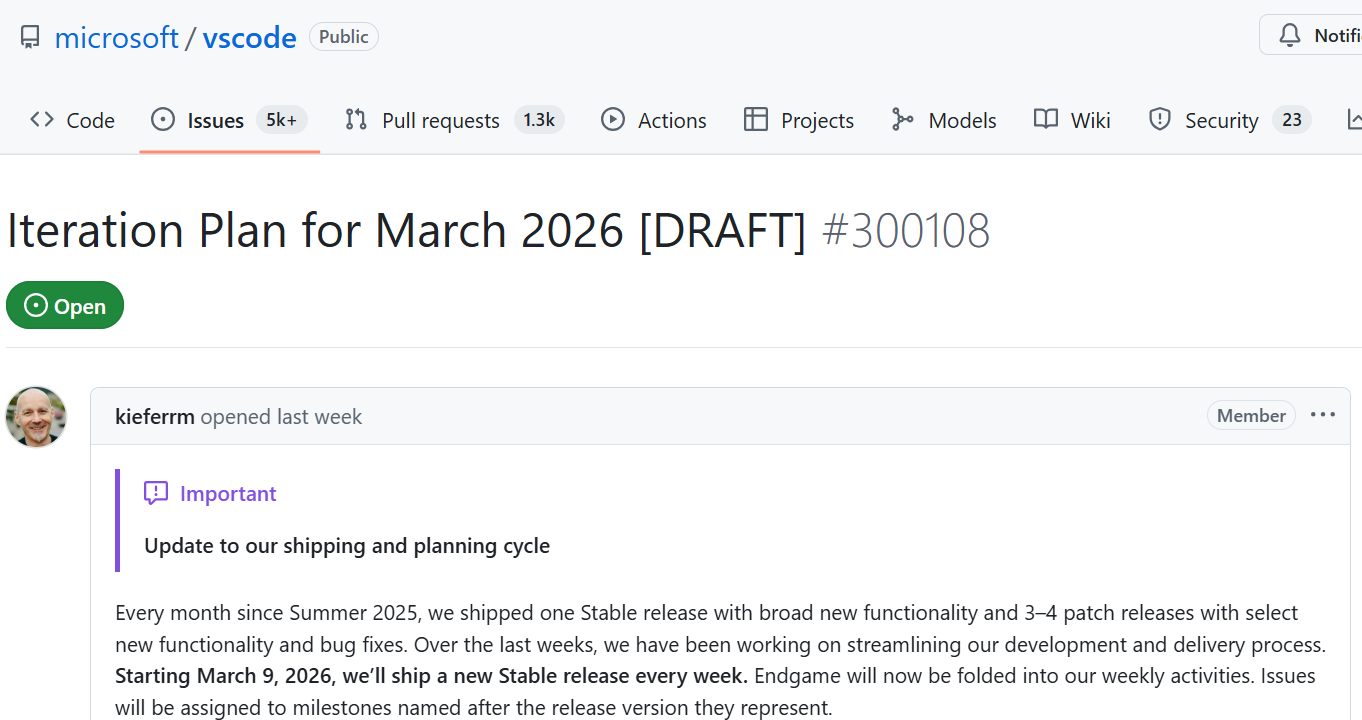 微软宣布每周一更 Visual Studio Code 稳定版本