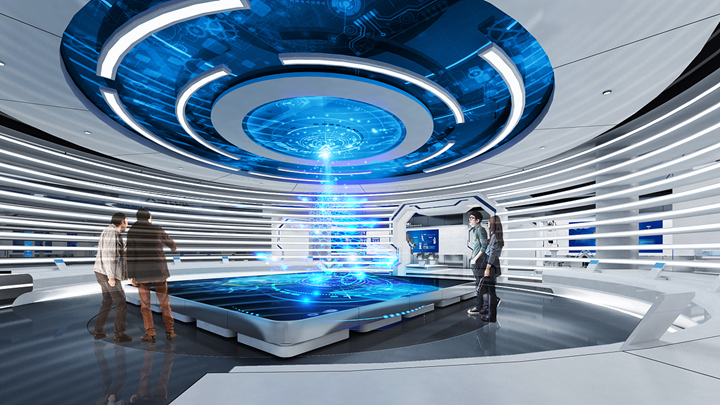 的综合展示平台,其中包括数字沙盘,沉浸式投影,全息柜以及触摸屏等