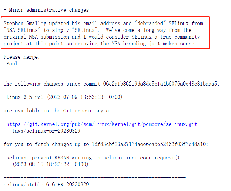 Linux 6.6 中将“NSA SELinux”去品牌化为“SELinux”