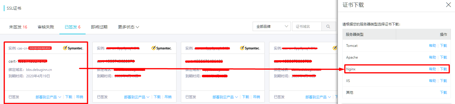 选择对应域名进行下载nginx版本证书