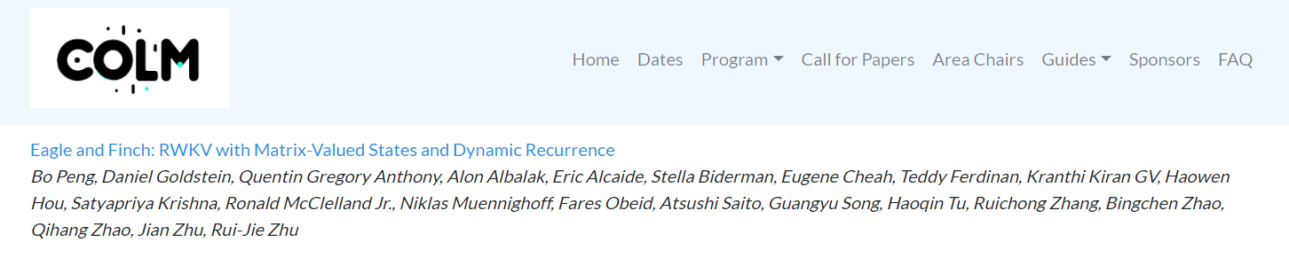 COLM 接收 RWKV 5/6 论文