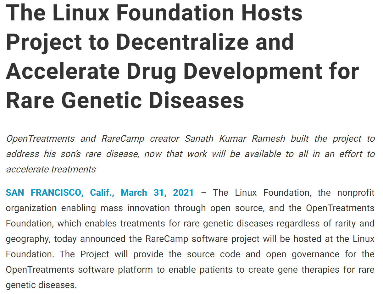 Linux 基金会将主持抗遗传疾病项目 RareCamp