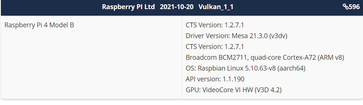 树莓派 4 获得 Vulkan 1.1 一致性认证