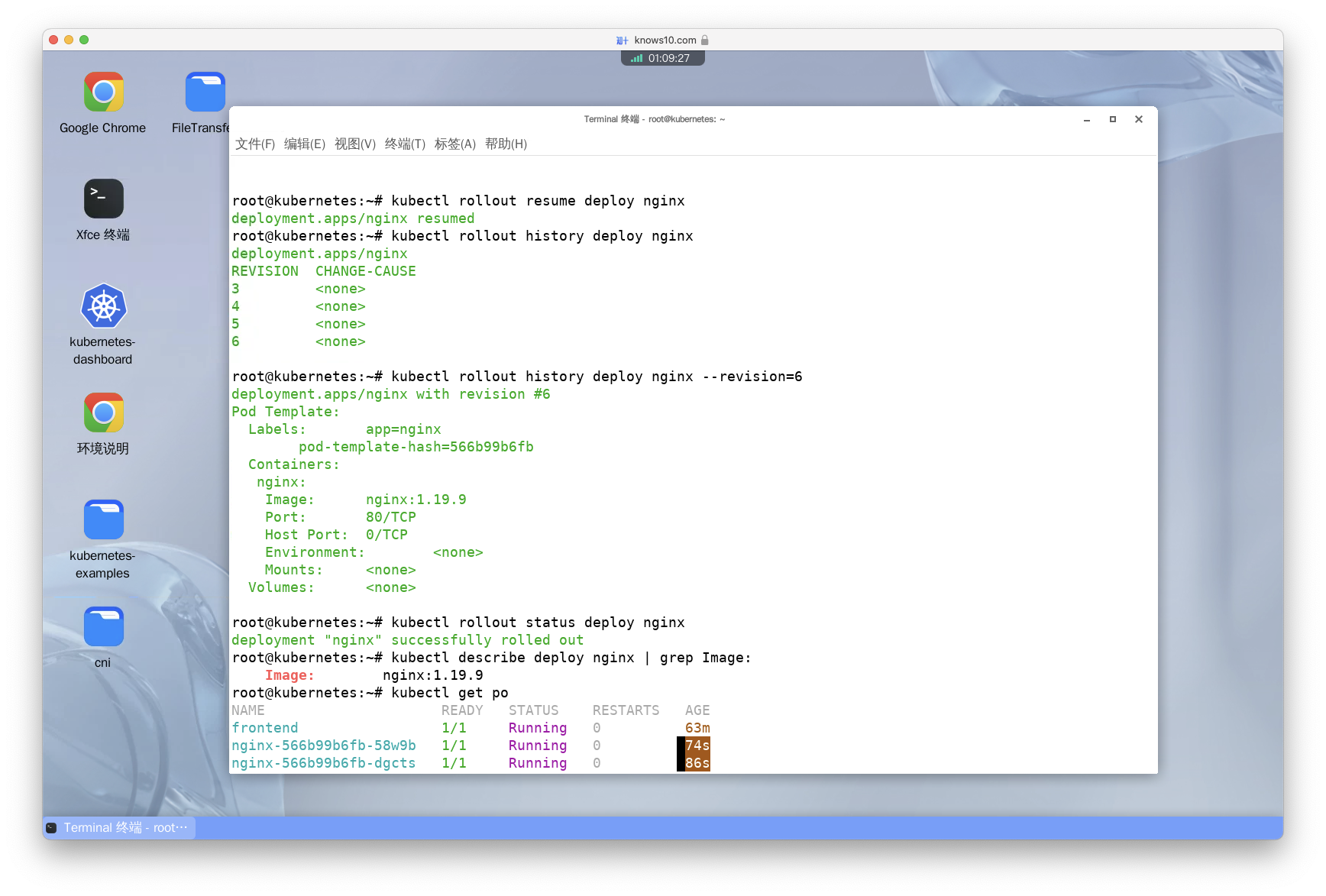 Resume the rollout and check that the nginx:1.19.9 image has been applied.
