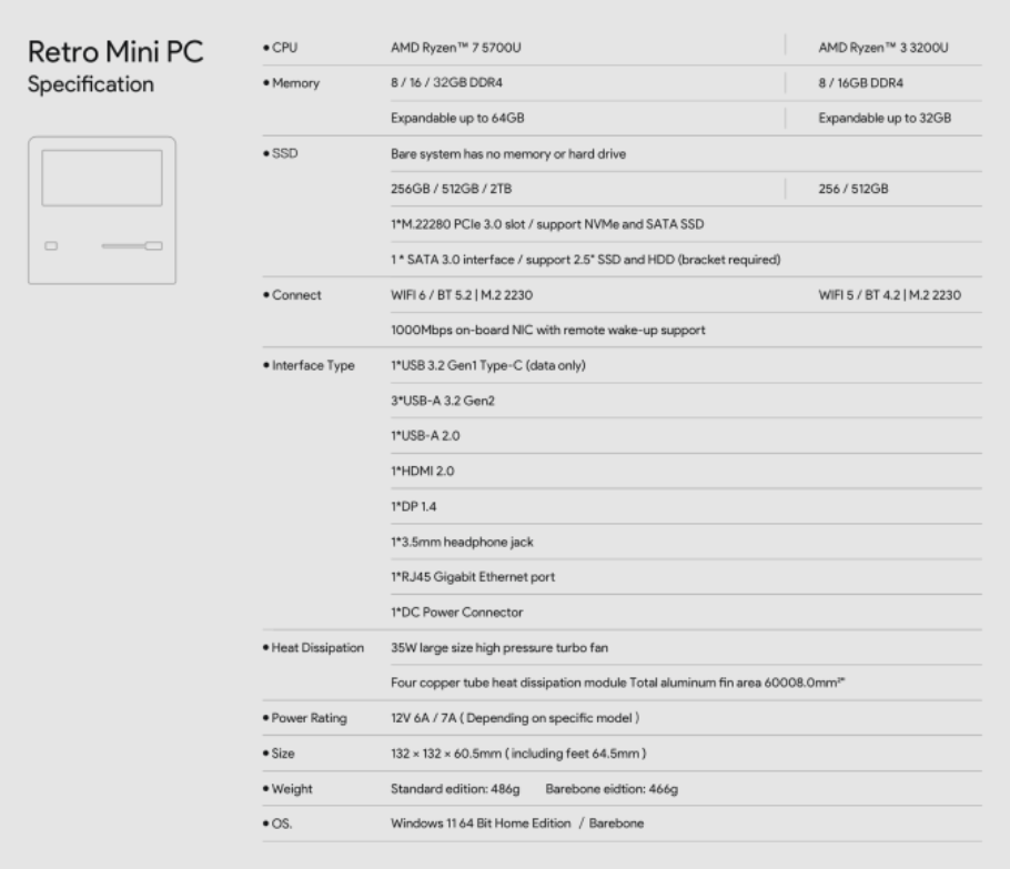 AYANEO 新品复古 Mini PC：R3 3200U/R7 5700U 可选