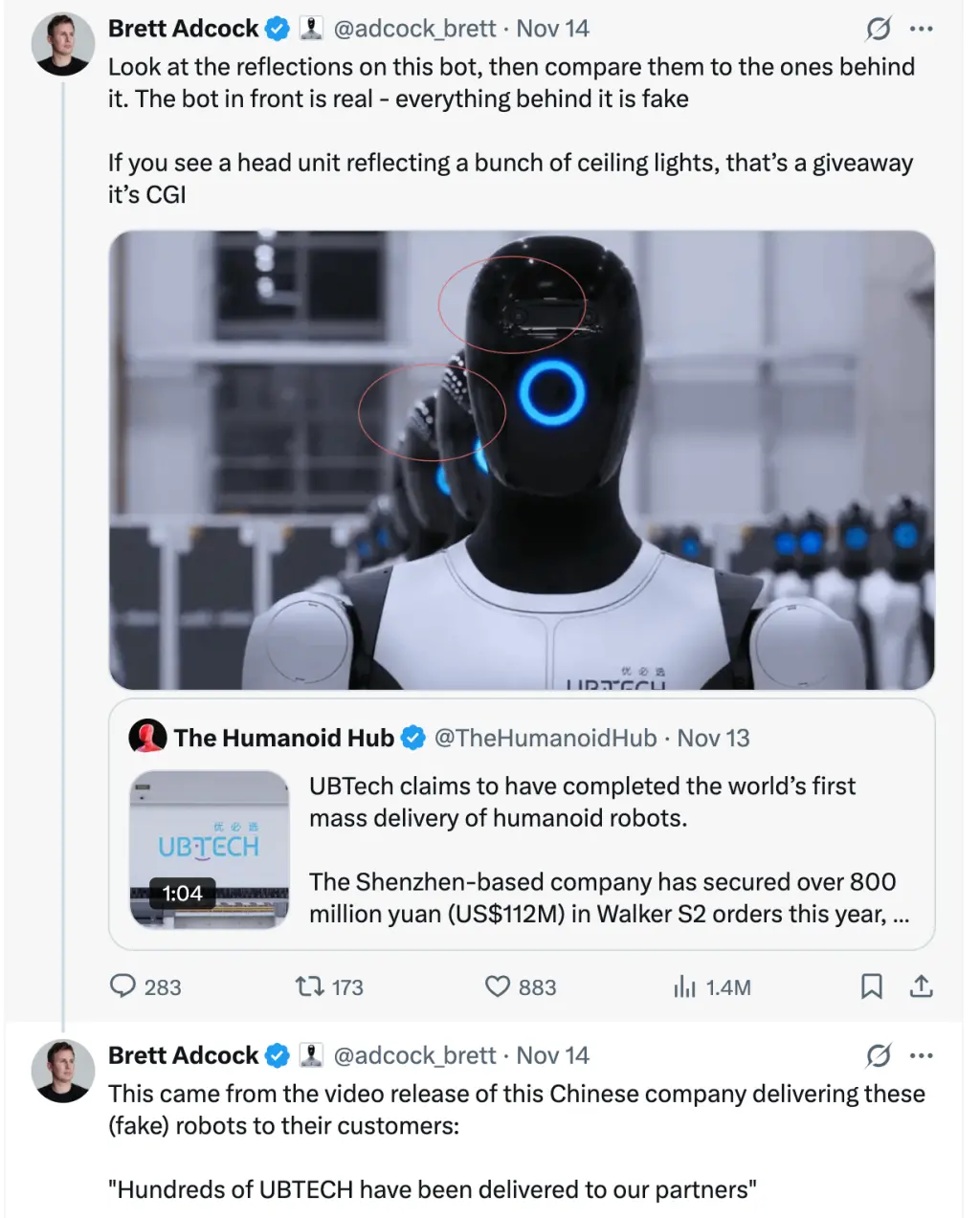 Figure 创始人质疑“优必选机器人”量产交付视频是 CG 制作，官方回应称指控不实