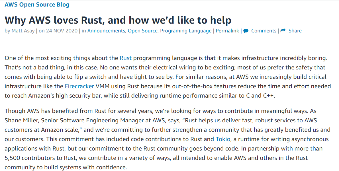 加大支持力度，AWS 计划招聘更多 Rust 开发人员