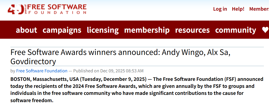 FSF 公布 2024 年度自由软件奖得主