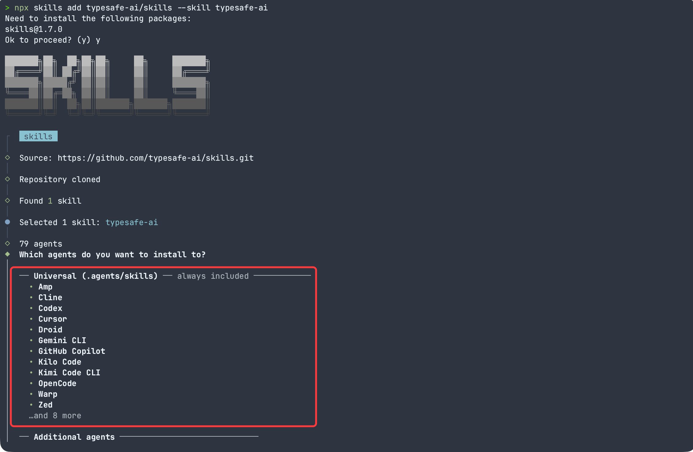 npx skills 安装时的 Agent 多选界面
