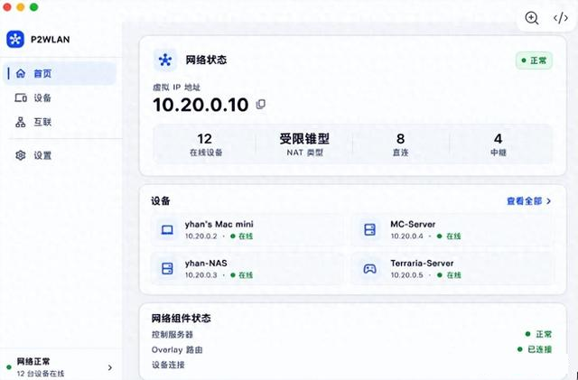 P2WLAN 首页:虚拟 IP、在线设备数、NAT 类型与直连/中继统计一目了然