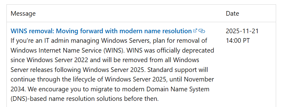 微软将在 Windows Server 2025 之后移除 WINS 支持