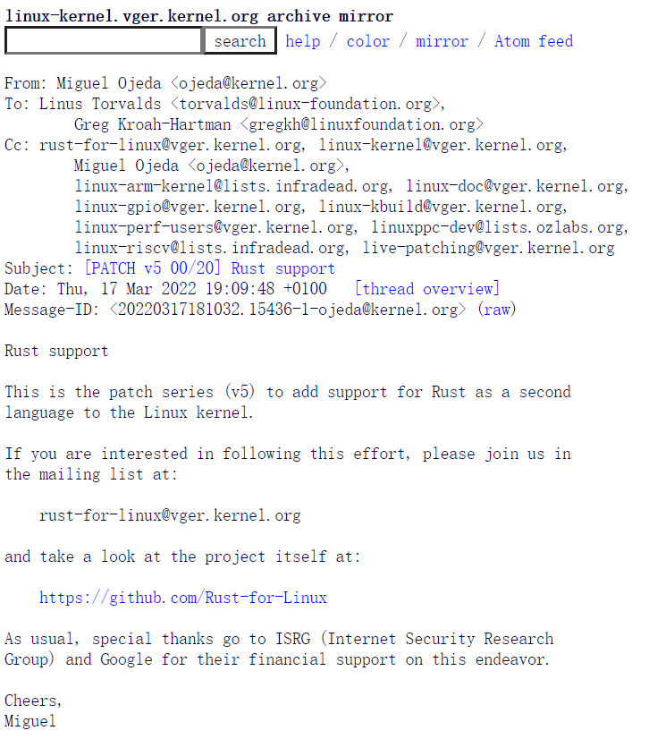 Rust for Linux 第五个补丁版本提交