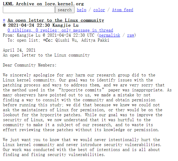明尼苏达大学研究人员发布致 Linux 内核社区的道歉公开信