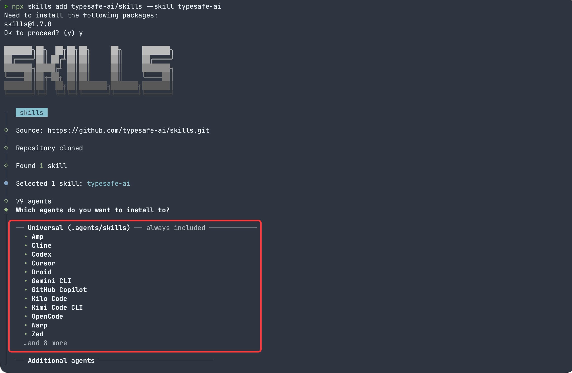 通过 npx skills 安装 TypeSafe 技能