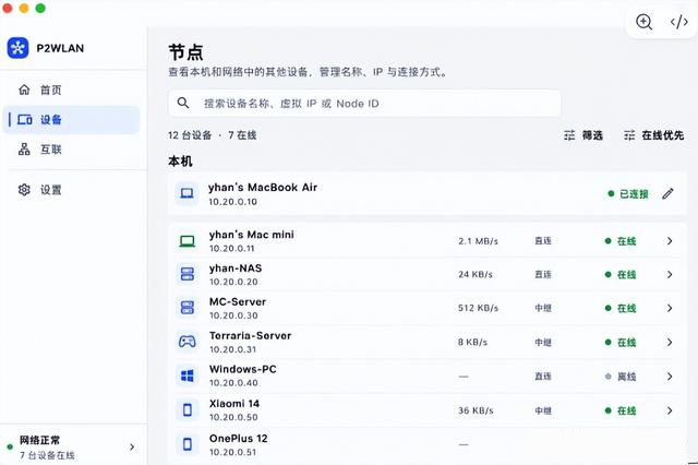 设备列表:每台设备的虚拟 IP、实时速率、连接方式(直连/中继)和在线状态