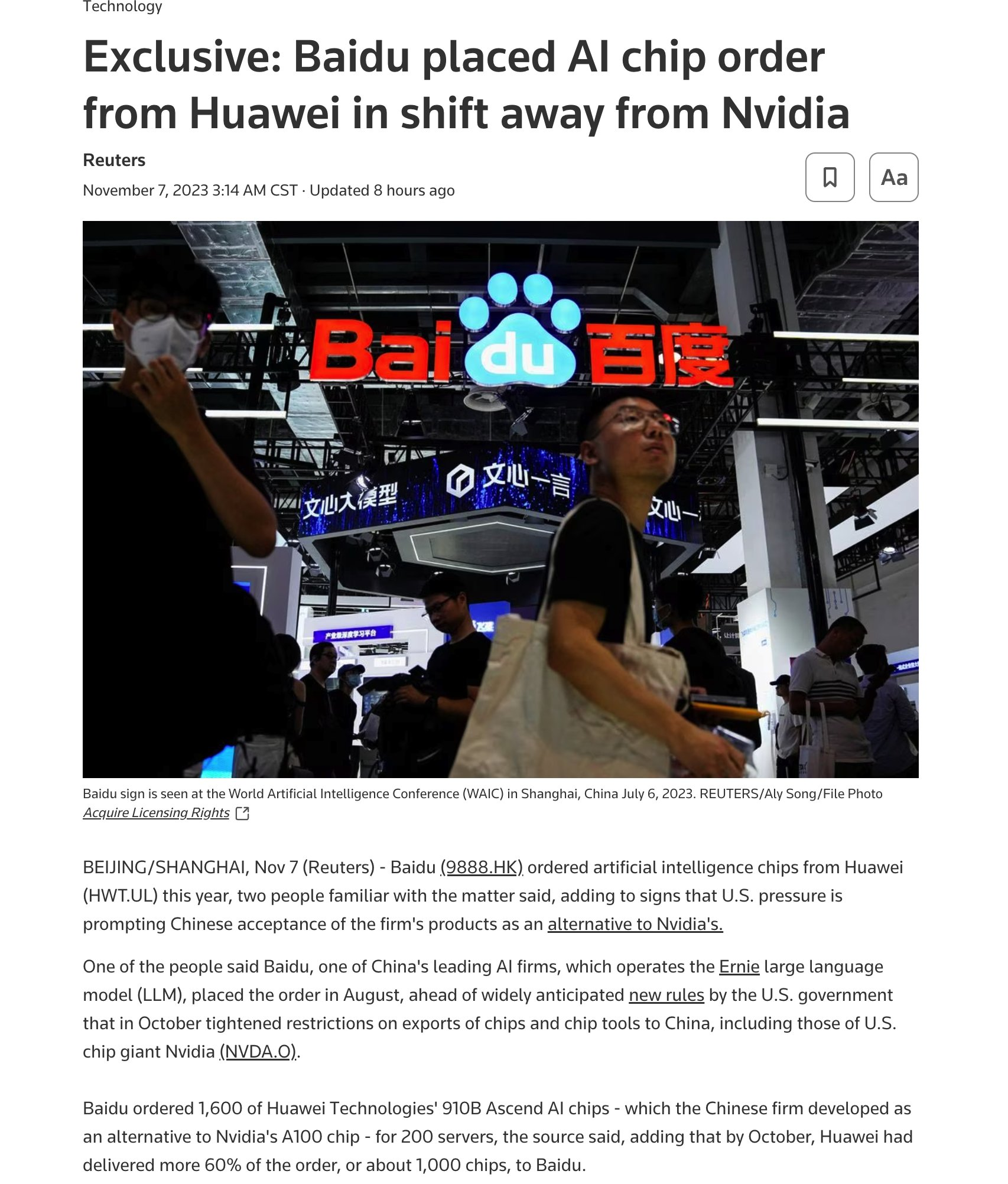 百度向华为订购 1600 片昇腾 910B AI 芯片，60% 订单已交付